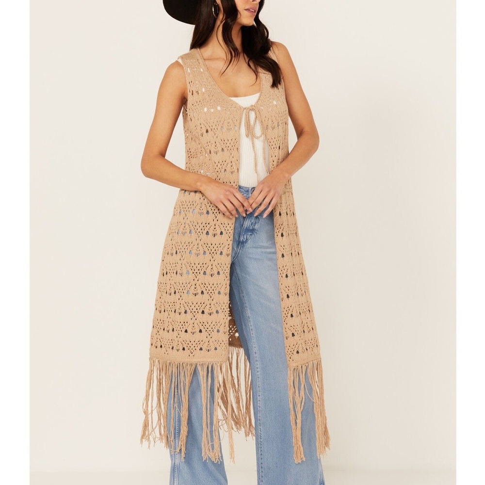 NWT Shyanne Long Fringe Sweater Dress Taupe Cotton Western Size Medium Cardigan